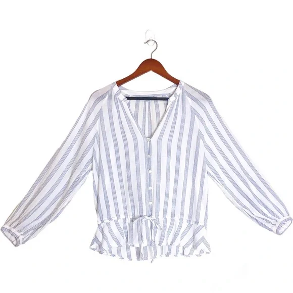 Rails Marti Cayman White/Blue Stripe Long Peasant Sleeve Linen Button Front Top - Picture 6 of 11